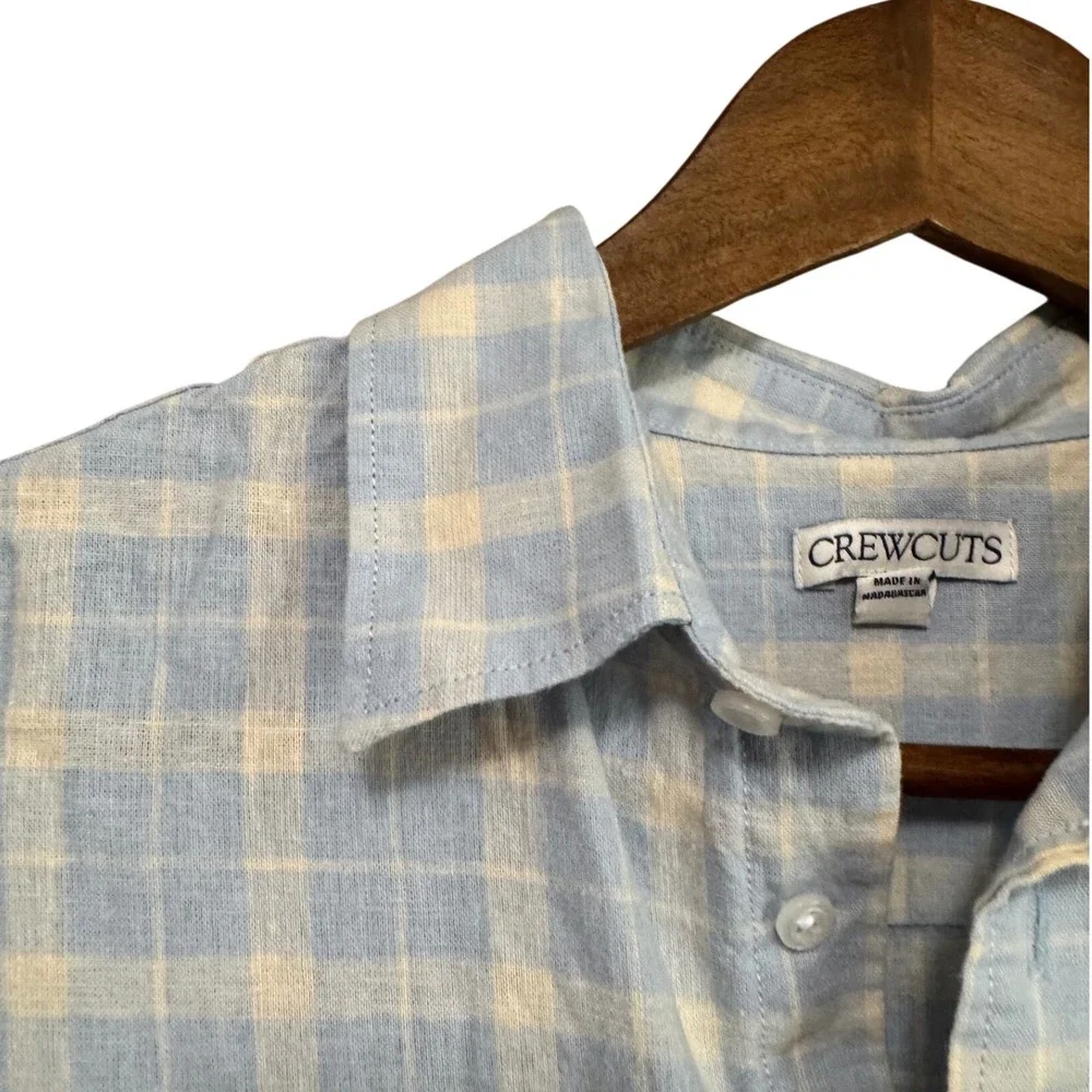 Crewcuts Button Down Shirt Kids Size 12 Blue Plaid Excellent Linen Cotton Blend